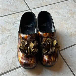 Dansko Brown and Gold Dress Shoes with Floral Embellishments